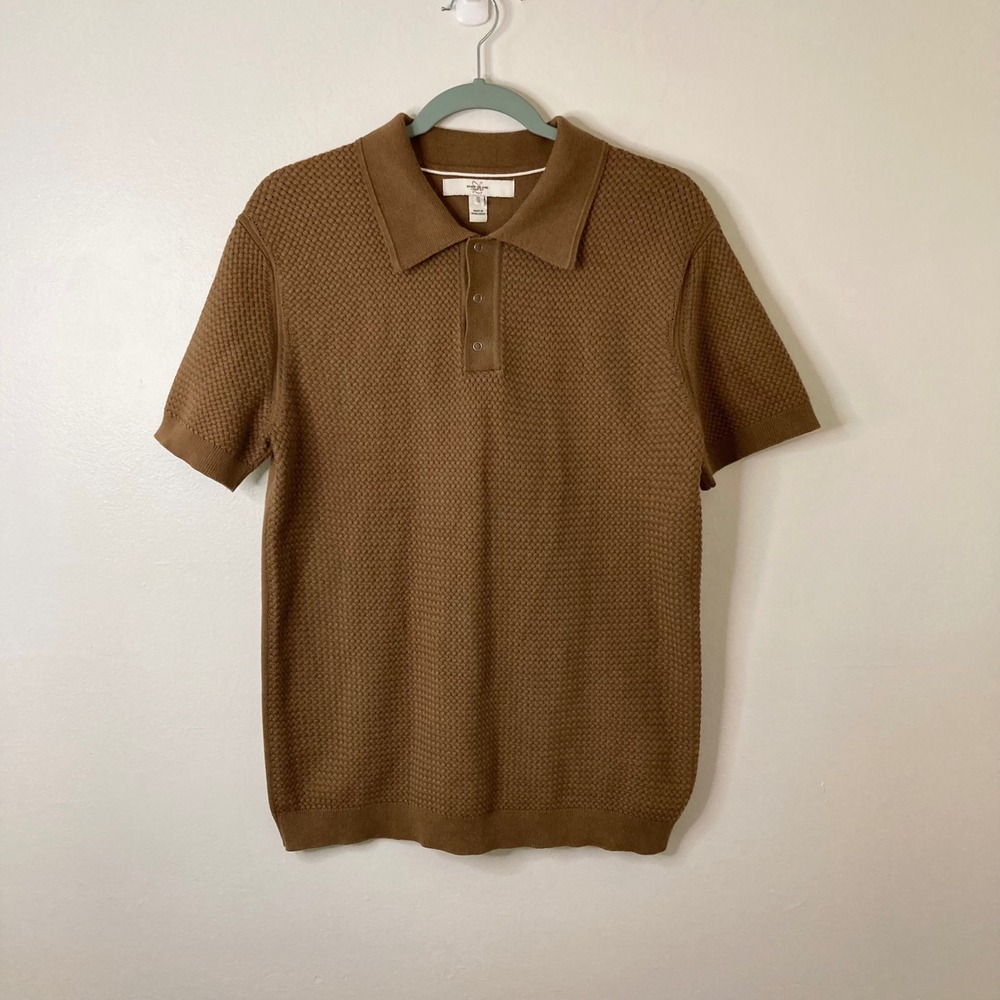 River Island London Textured Waffle Knit Brown Short Sleeve Polo Shirt M Retro